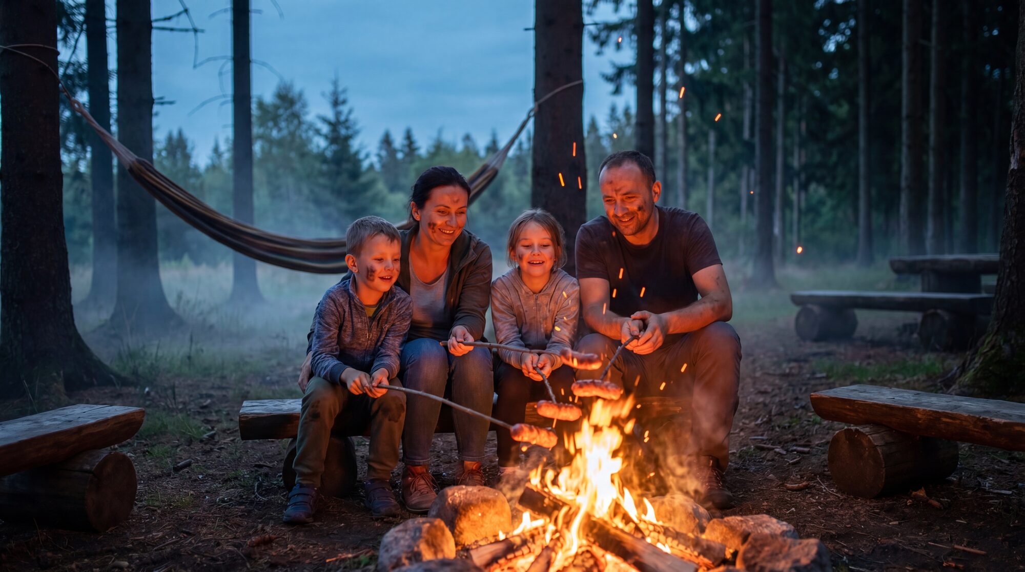 Rodzina przy ognisku — Camping Pod Lasem